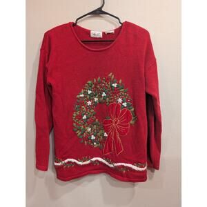 Red crew neck knit sweater w/Holiday wreath knit detailing by Kathy Lee size L